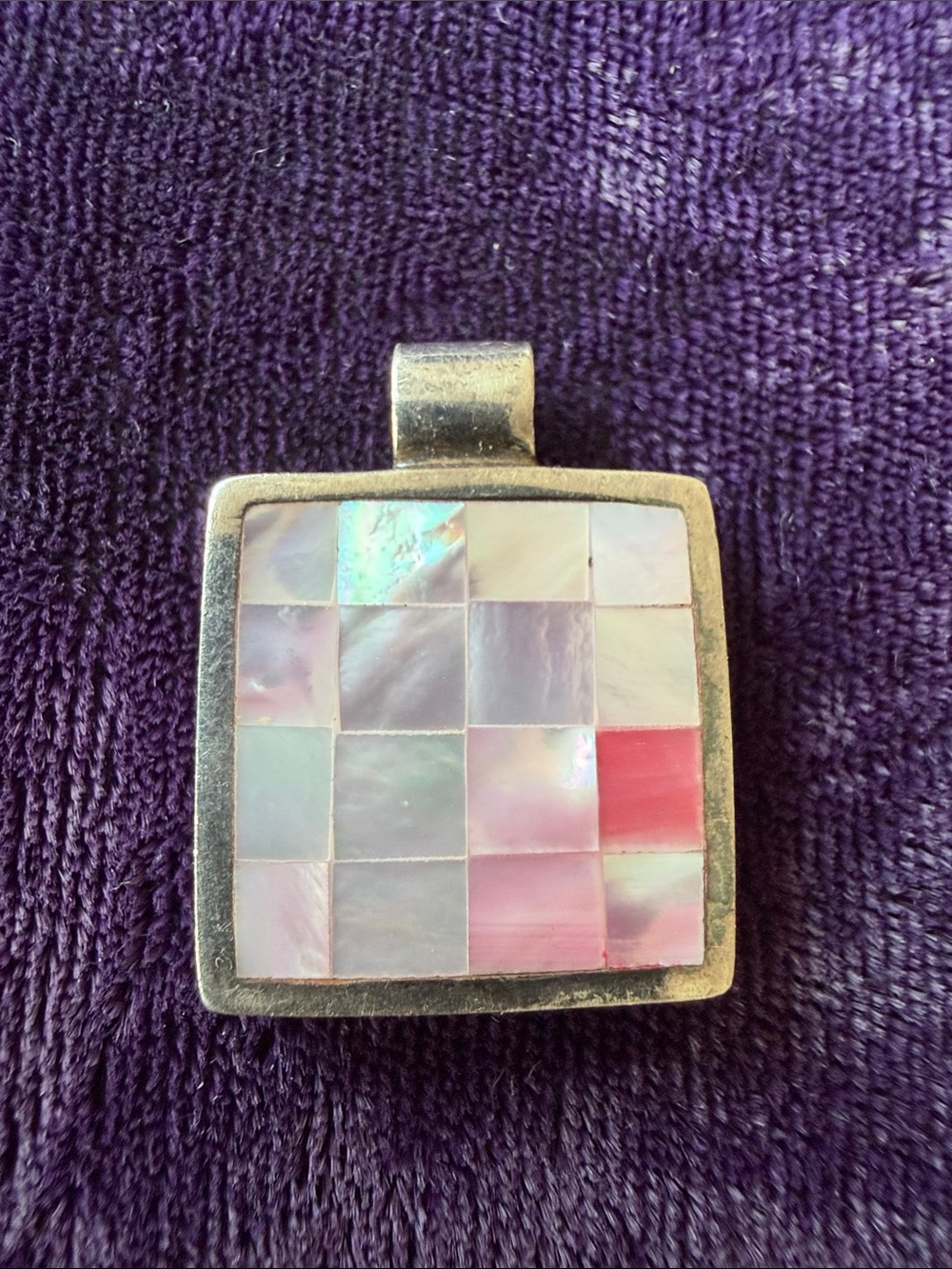 Vintage 925 sterling silver Southwestern brutalist pendant pink shades inlay